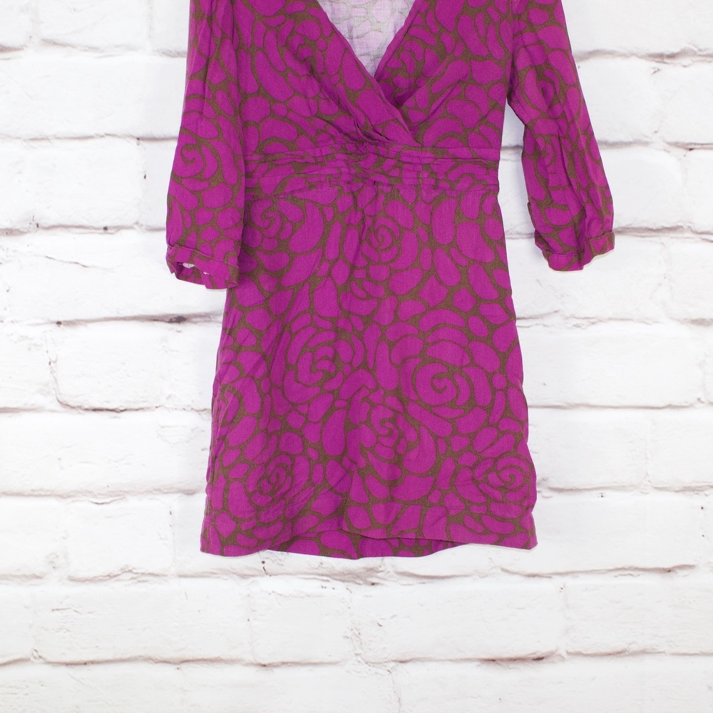 Boden Purple Printed Deep V Neck Wrap 3/4 Sleeves Side Zip Dress Size 6 - Picture 3 of 8